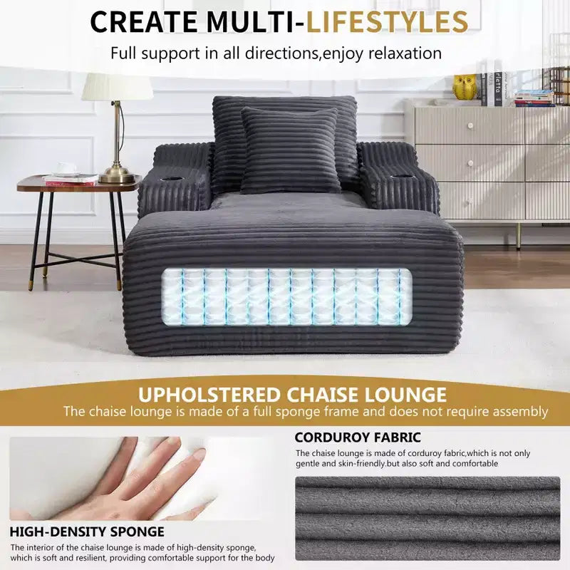 67 Chaise Lounge Chair, Indoor Sleeper Sofa Bed with 2 Pillows, Boneless Single Sofa Couch for Living Room, No Assembly Required