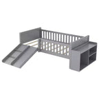 Whisen Twin Size Low Loft Bed Frame for Kids with Slide, Movable Bookshelf Storage, Guardrails, Low Loft Bed Frame