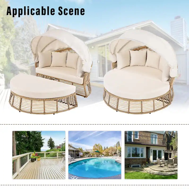 Outdoor Rattan Round Daybed with Canopy & Removable Cushions
