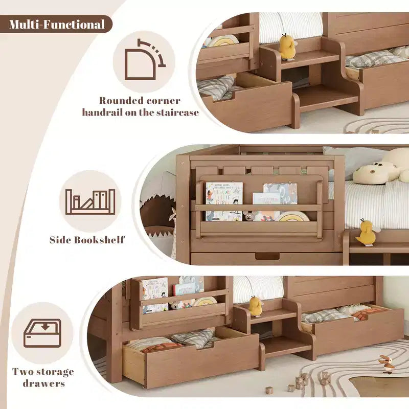 Bellemave Queen Size Toddler Bed with 14 Safety Guardrails, Space-saving Bed Frame with Built-in Bookshelves & 2 Under-Bed Storage Drawers