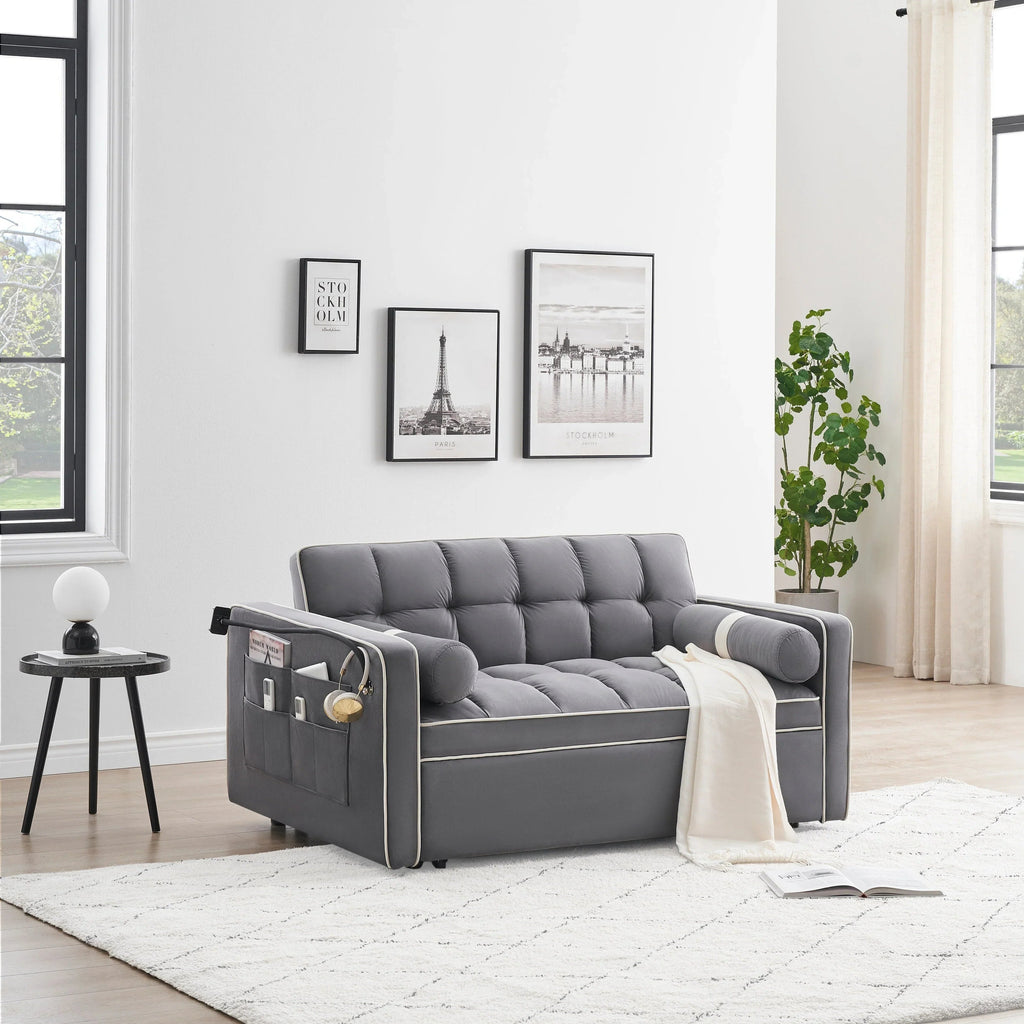Velvet Convertible 55 2-Seater Sleeper Sofa with Pull-Out Bed, Adjustable Recline, Side Pockets, and Phone Holder