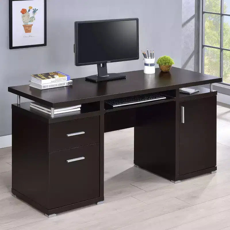 55 Wooden Writing Desk with 2 Drawers, 1 Cabinet, 1 Open Shelf and Door for Home Office or Study