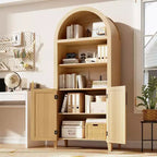 Acekool Arched Pantry Cabinet with Rattan Doors, 5-Tier Farmhouse Storage Cabinet for Kitchen Dining Living Room