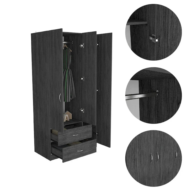 FM Furniture Eureka 3 Door Armoire with 2 Drawers, Inner Shelves, and Rod