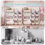 VECELO Kids Bookshelf Toy Storage with 12 Bins, Wooden Toy Rack for Toddlers, Large-Capacity Playroom Storage for Books or Toys