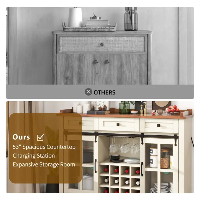 53 Barn Door Buffet Coffee Bar Cabinet with Wine Rack, Kitchen Sideboard Storage Cabinet