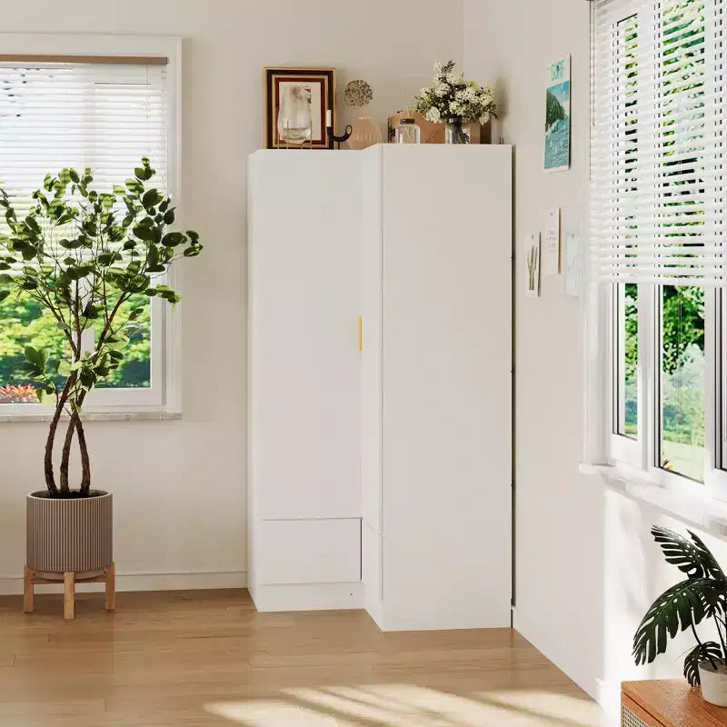 Hitow Minimalist Armoire Corner Wardrobe Double Door and Drawer Designs