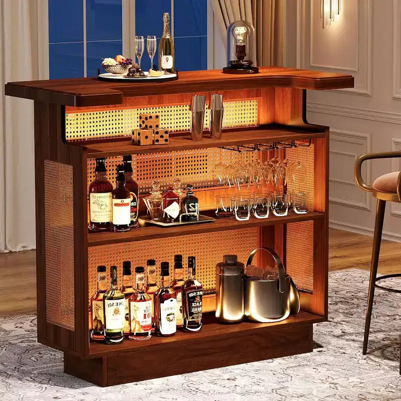 Rattan Home Bar Unit, Farmhouse 4-Tier Bar Table with 4 Stemware Racks , Caramel Brown