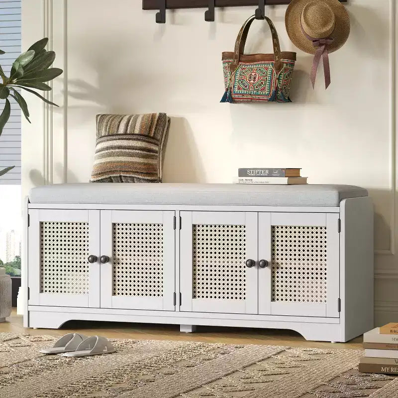 47 Rustic Rattan Entryway Bench with Storage, Shoe Bench Entryway with Removable Cushion for Hallway or Living Room-Panipeachy