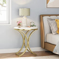 Small Modern Round Side Table End Table Nightstand with Gold Metal Frame and Faux Marble Veneer Engineered Wood for Living Room