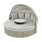 Round Outdoor Daybed Two-Tone Weave Sunbed with Retractable Canopy