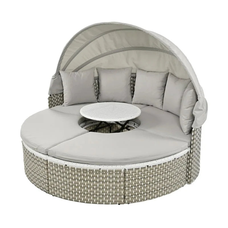 Round Outdoor Daybed Two-Tone Weave Sunbed with Retractable Canopy