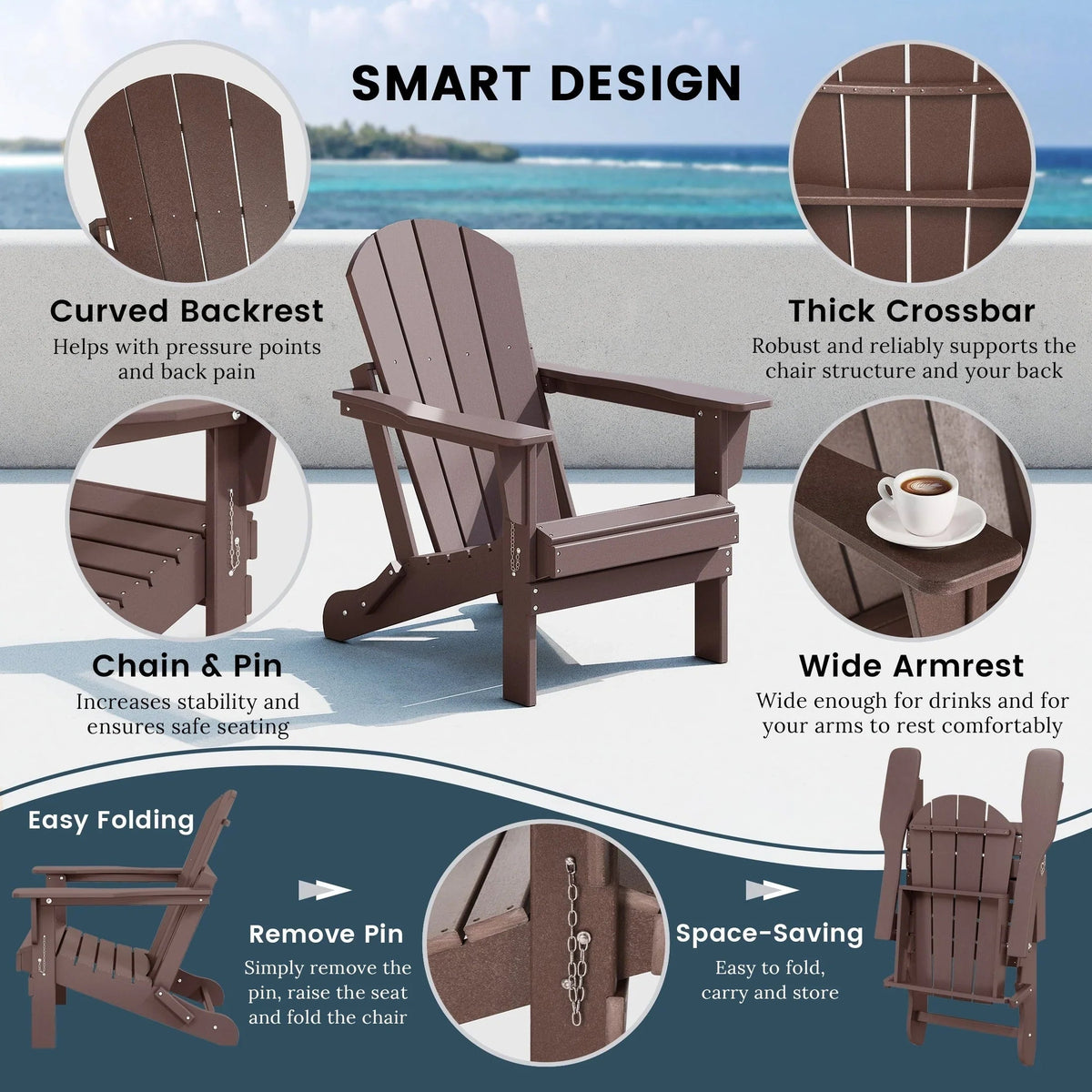 Polytrends Laguna Fade Resistant All Weather Outdoor Patio Folding Adirondack Chair