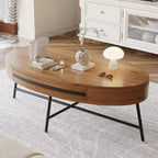 Oval Coffee Table with Drawer Mid-Century Modern Center Table 47.2 Wooden Coffee Table with Storage and Cross Metal Legs Curved Design