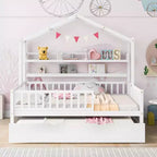 Acekool Full Size House Bed Frame with Twin Trundle, Storage Drawers & Shelves, Roof & Fence, Kids Platform Bed, White