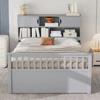 Twin/Full Size Captain Platform Bed with 4 Drawers and Storage Shelves, Solid Wood Bed Frame with Storage Bookcase Headboard