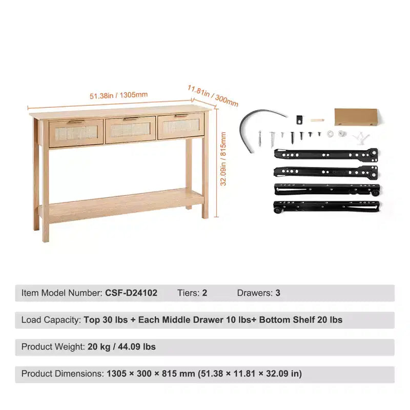VEVOR Rattan Console Table with 3 Storage Drawers, Rattan Entryway Table with Natural Rattan Sliding Door, Console Sofa Table, Natural