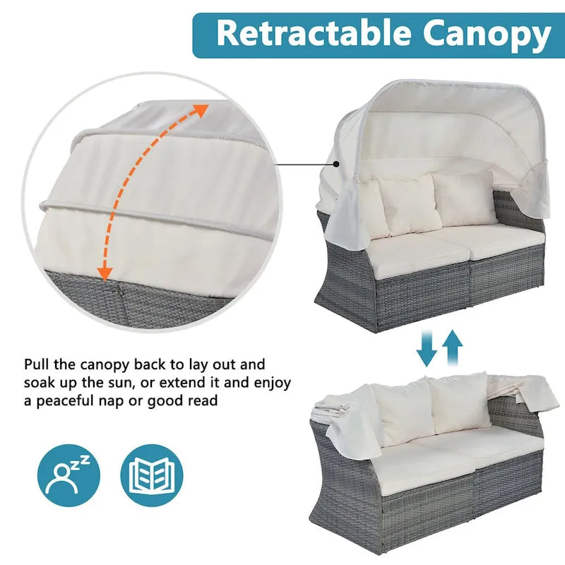 Outdoor Gray Wicker Daybed with Cushions and Retractable Canopy