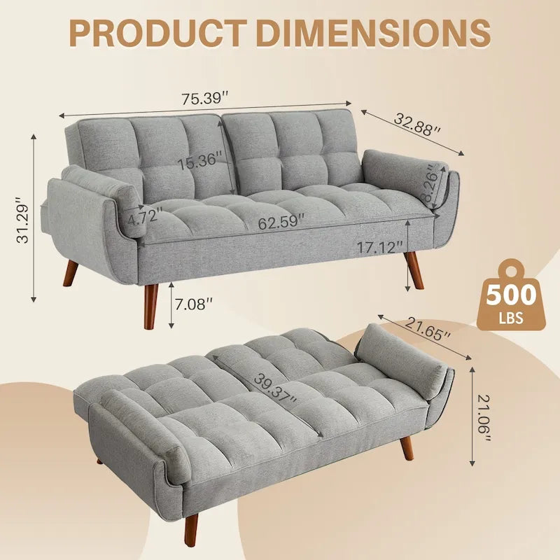 75.39 INCH Futon Sofa Bed, Convertible Folding Futon Couch Recliner Lounge For Living Room With 2 Pillow/Armrest
