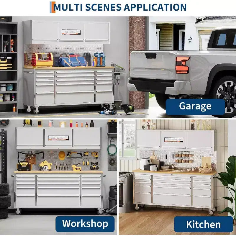 72 inch Tool Chest with Wheels, Garage Workbench, Solid Rubber Wood Top & with Lock Key Locking, Mobile Workstation Tool Cabinet for Workshop Storage