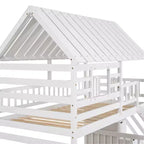 Whisen Twin over Twin House Bunk Bed with Trundle and Slide, Storage Staircase, Roof and Window Design