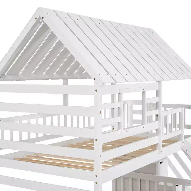 Whisen Twin over Twin House Bunk Bed with Trundle and Slide, Storage Staircase, Roof and Window Design