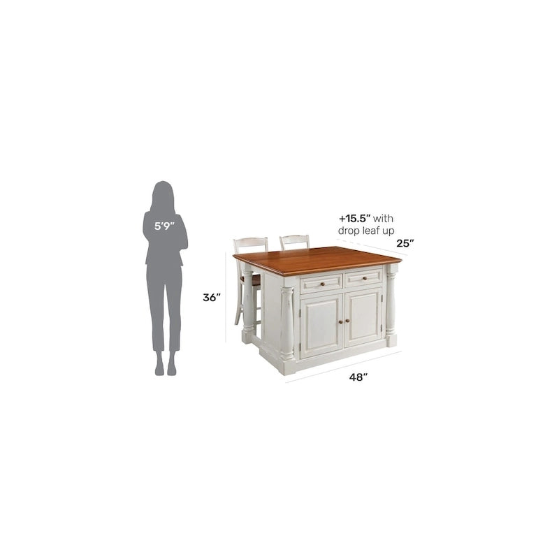Homestyles Monarch 3-Piece Off-White Wood Kitchen Island Set with Drop Leaf Wood Top - 48 x 25 x 36