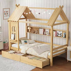 House Platform Bed with Storage Drawers and Window, Solid Wood Frame with Shelves, Childlike Fun Design, Light White