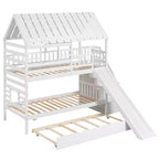 Whisen Twin over Twin House Bunk Bed with Trundle and Slide, Storage Staircase, Roof and Window Design
