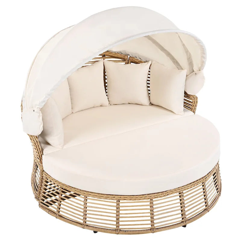 Outdoor Rattan Round Daybed with Canopy & Removable Cushions