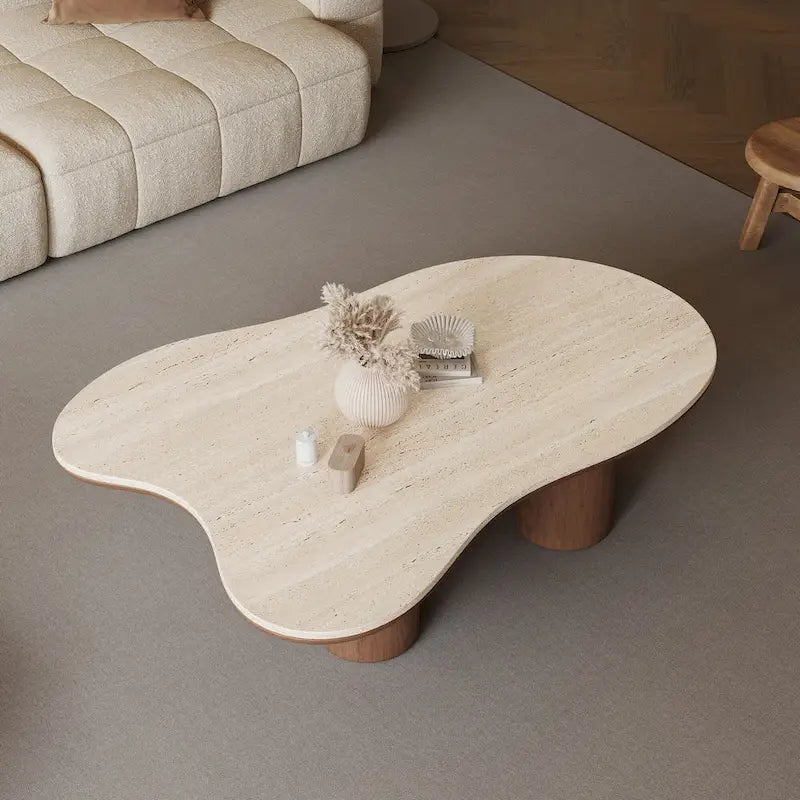 48 Modern Wood Coffee Table, Matte Stone Top, cloud Shaped
