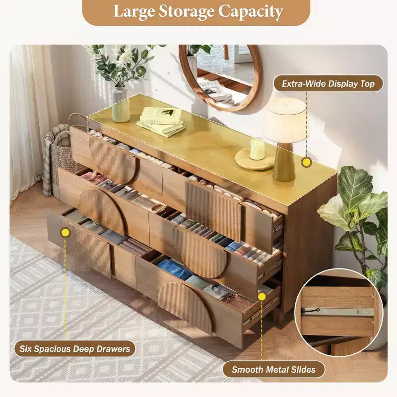 6-Drawer Modern Geometric Dresser, Half-Circle Accent Wide Storage Chest for Bedroom & Living Room