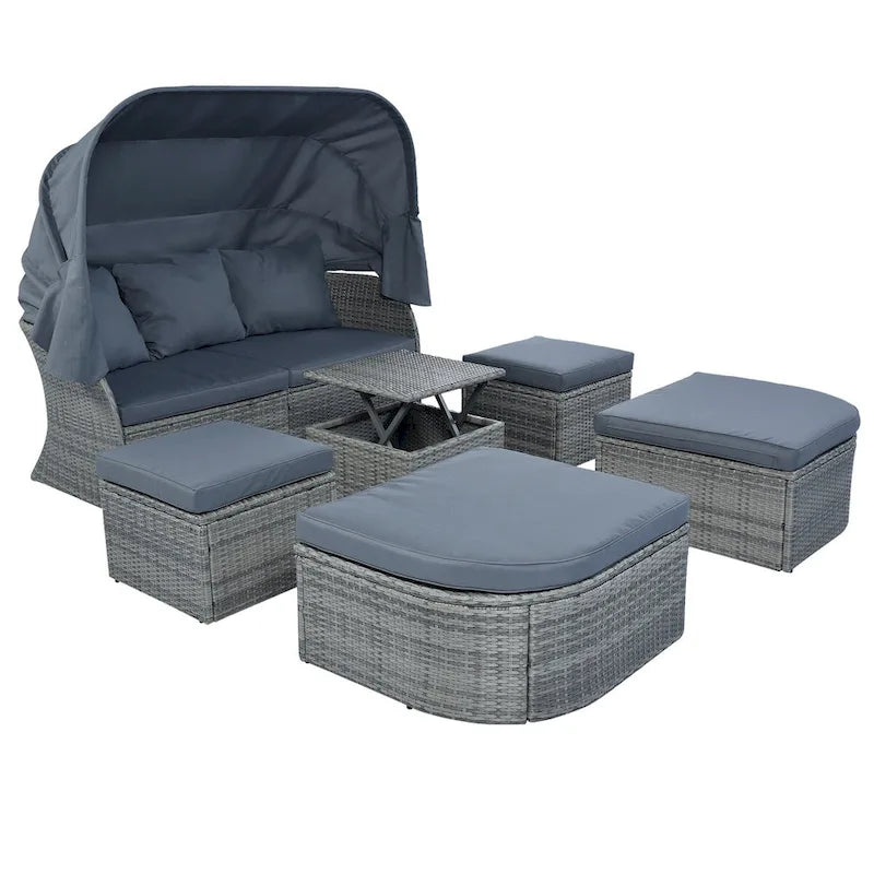 Outdoor Gray Wicker Daybed with Cushions and Retractable Canopy