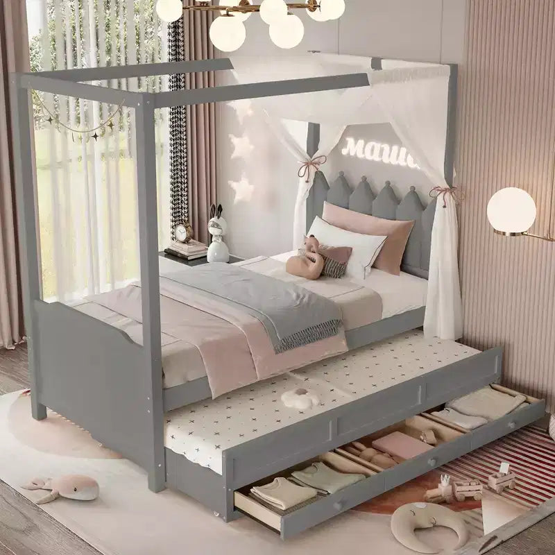 Twin/Full Size Platform Bed with Trundle, Princess Wood Canopy Bed with 3 Drawers, Storage Bed with Upholstered Headboard for Bedroom