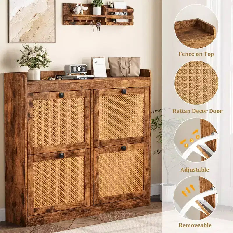 Shoe Storage Cabinet with 4 Flip Drawers, Wood Shoe Cabinet with Rattan Doors and Adjustable Shelves- Freestanding Shoe Organizer
