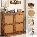 Shoe Storage Cabinet with 4 Flip Drawers, Wood Shoe Cabinet with Rattan Doors and Adjustable Shelves- Freestanding Shoe Organizer