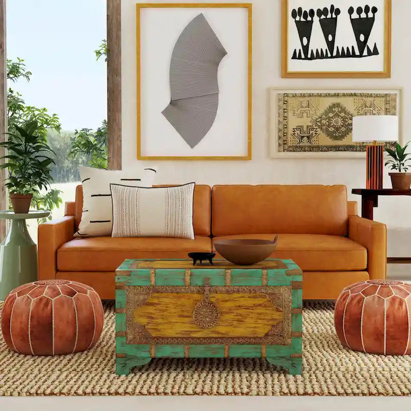 Nador Hand-Painted Brass Inlay Storage Trunk Coffee Table