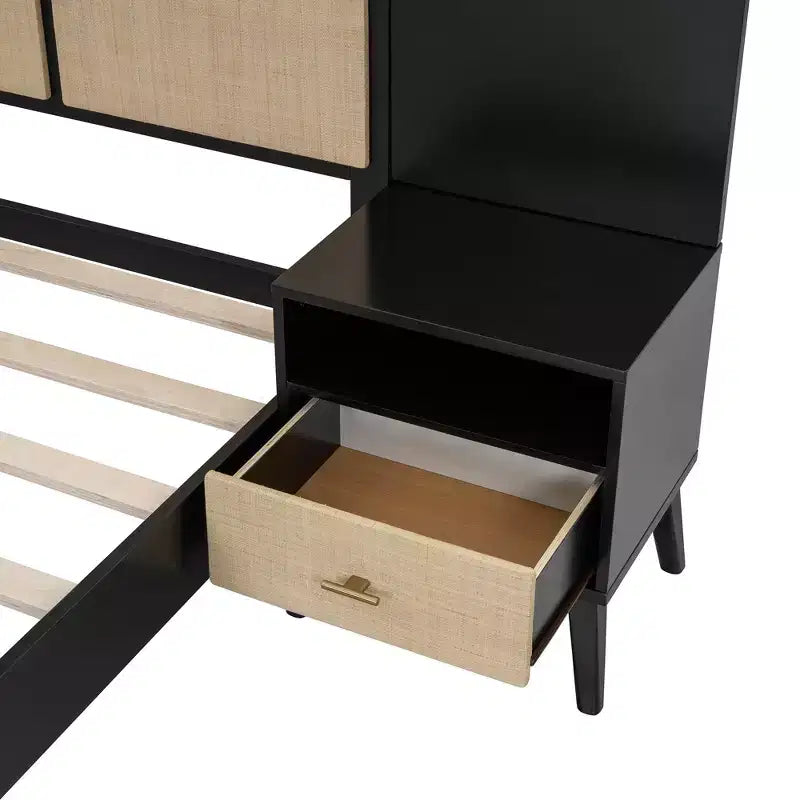 Queen Size Solid Wood Bed Frame with 2 Nightstands, Elegant Rattan and Wood Combination Platform Bed with Lamps - ModernLuxe