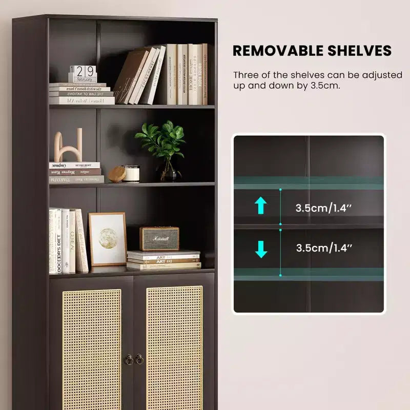 TUYOHW Tall Bookcase with Rattan Doors,5-Shelf Freestanding Storage Cabinet,Bookshelf for Living Room,Bedroom,Home Office