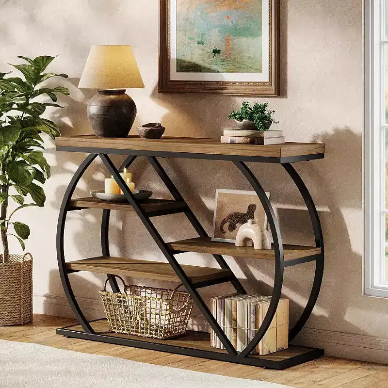 Lantine 41.3 Console Table, 5-Tier Industrial Entryway Table with Storage Shelves and Arched Metal Frame, Wood Hallway Table for Foyer