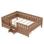 Bellemave Queen Size Toddler Bed with 14 Safety Guardrails, Space-saving Bed Frame with Built-in Bookshelves & 2 Under-Bed Storage Drawers