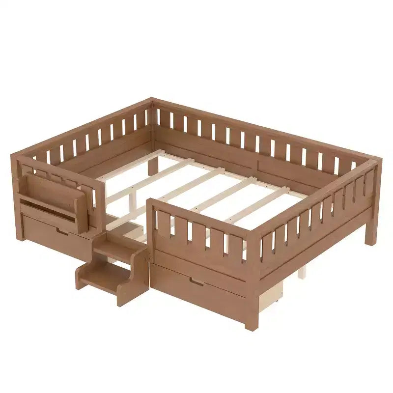 Bellemave Queen Size Toddler Bed with 14 Safety Guardrails, Space-saving Bed Frame with Built-in Bookshelves & 2 Under-Bed Storage Drawers