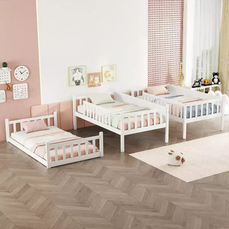 Triple Twin Bunk for Kids, Twin over Twin over Twin Detachable Bunk Bed with Ladder and Guardrail, Separate into 3 Beds