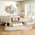 Bellemave Queen Size Toddler Bed with 14 Safety Guardrails, Space-saving Bed Frame with Built-in Bookshelves & 2 Under-Bed Storage Drawers