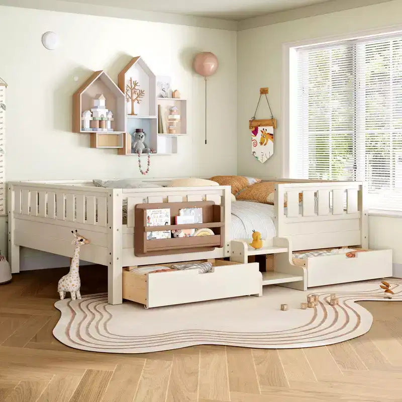 Bellemave Queen Size Toddler Bed with 14 Safety Guardrails, Space-saving Bed Frame with Built-in Bookshelves & 2 Under-Bed Storage Drawers