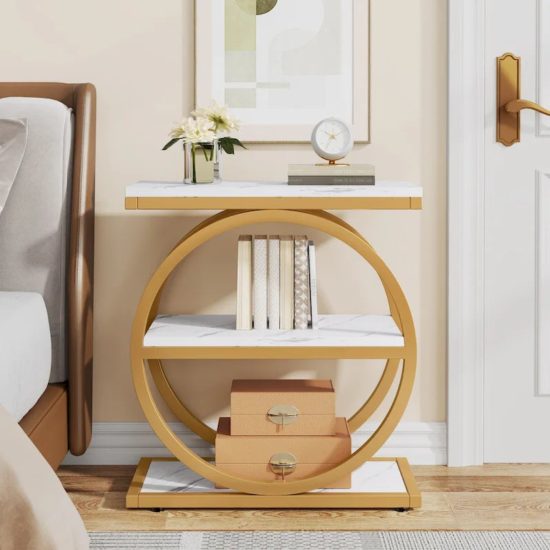 Narrow End Table with 3 Storage Shelves, Wood Side Table for Living Room