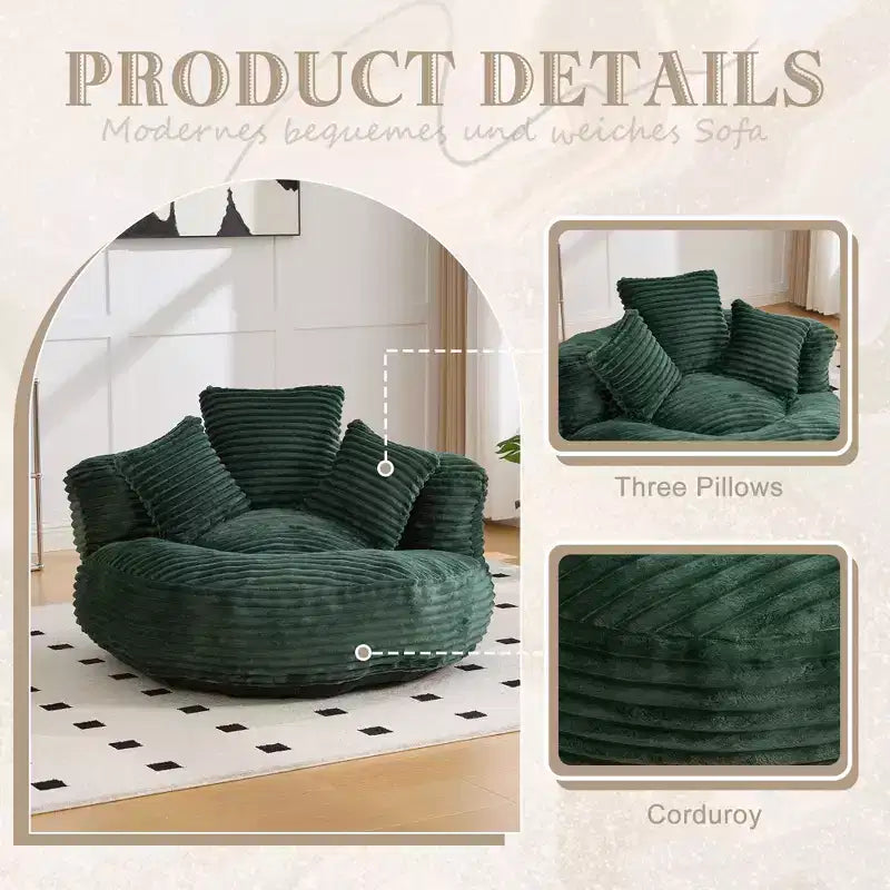 Bean Bag Sofa for Adults Kids, Oversized Corduroy Bean Bag Chair with 3 Pillows & Armrest for Living Room Bedroom - ModernLuxe