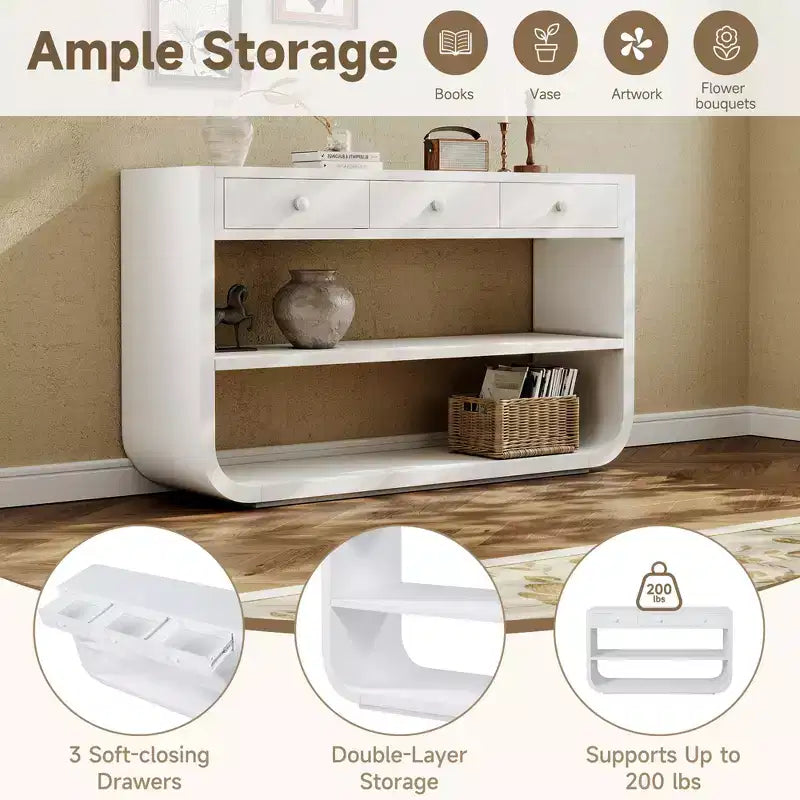 ModernLuxe Curved Console Table Entryway Table Sofa Side Table Display Stand Accent Table with 3 Soft-Close Drawers & 2 Open Shelves