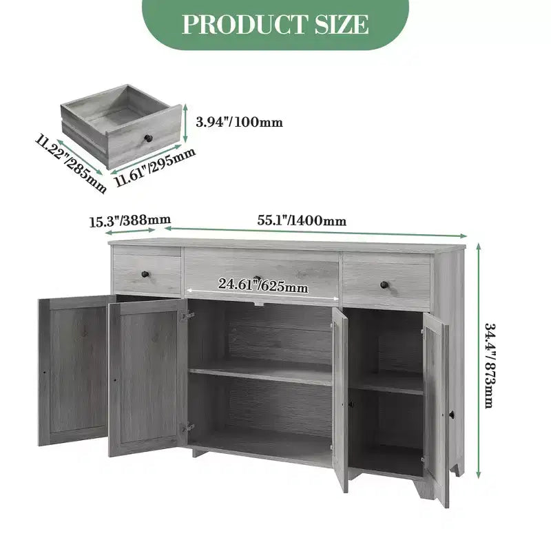 55 Sideboard Buffet Cabinet with 3 Drawers & 4 Doors, Adjustable Shelf Kitchen Storage Console for Dining Room Living Room