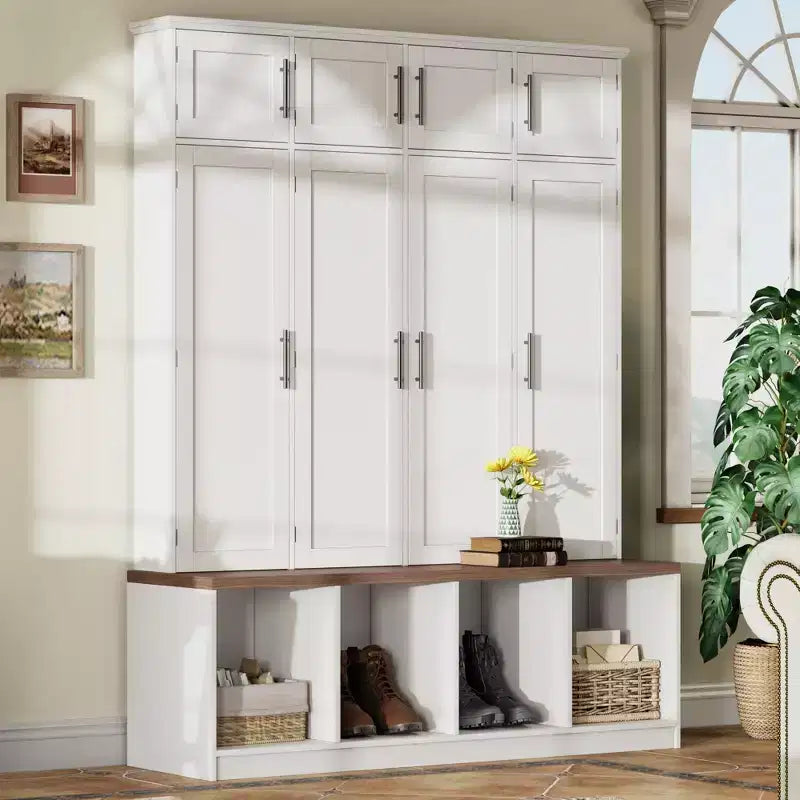 GDFStudio Jessica Farmhouse 4-in-1 Hall Tree with Hidden Hooks and Storage Bench
